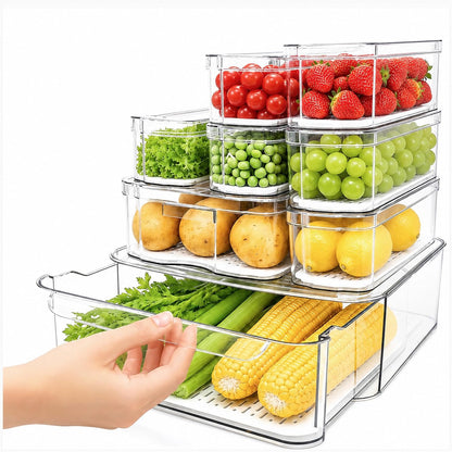 SMRCAD 6 Pack Clear Fridge Organizer Bins with Drain Trays - Stackable | BPA-Free PET, 6 Pack: 6 lidded Bins (Not drawer), Helps Keep Produce Fresh, 14L Capacity, Hand Wash Only