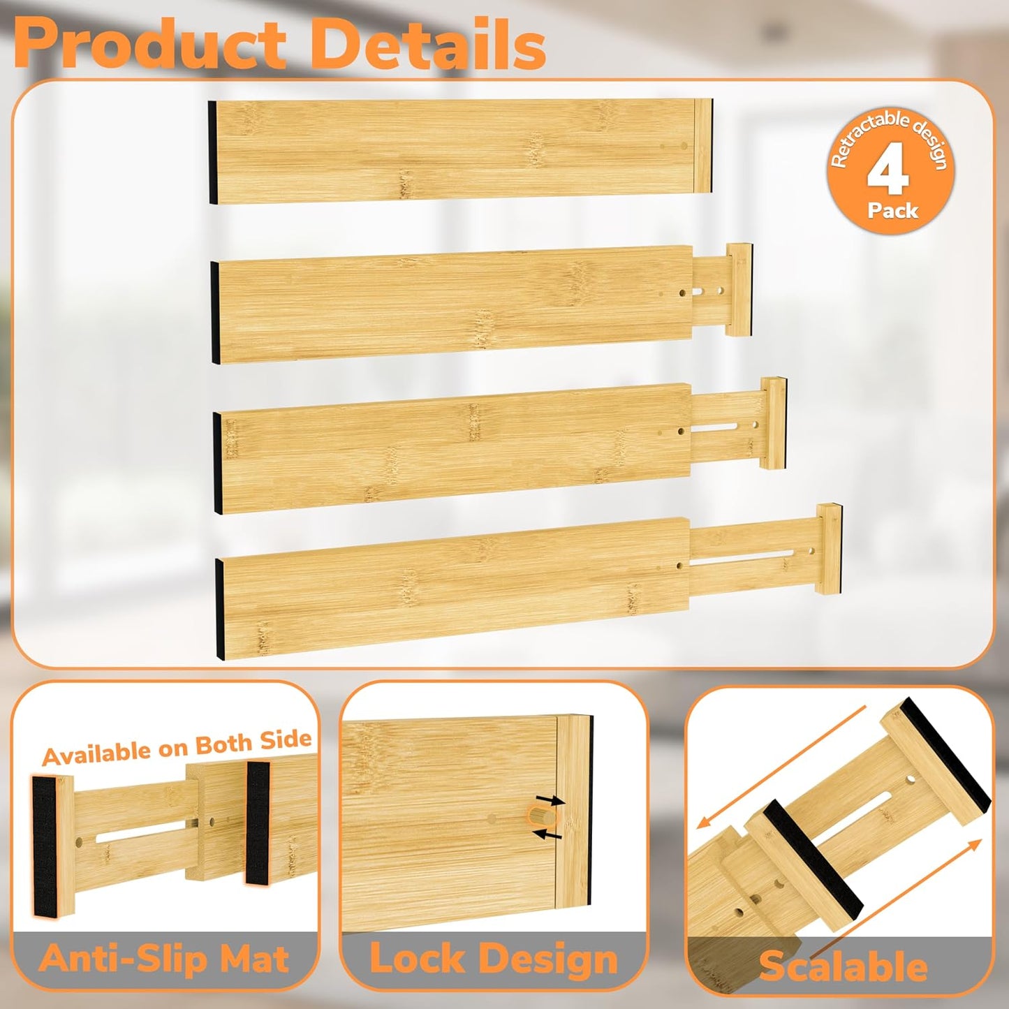 BAMEOS Bamboo Expandable Drawer Dividers – Fits 16.6"–22" Drawers, 2" High, Set of 4 | Spring-Loaded Bamboo Separator for Kitchen Island, Bathroom Vanity & Dresser Drawers