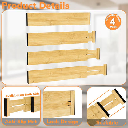 BAMEOS Bamboo Expandable Drawer Dividers – Fits 16.6"–22" Drawers, 2" High, Set of 4 | Spring-Loaded Bamboo Separator for Kitchen Island, Bathroom Vanity & Dresser Drawers