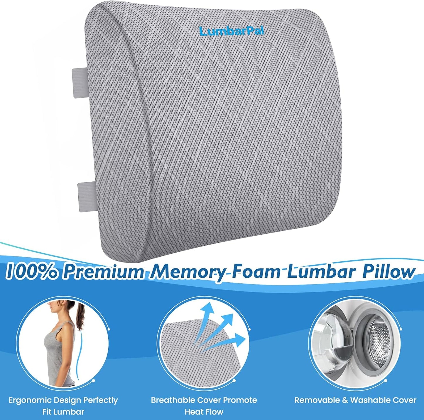 Lumbar Support Pillow for Office Chair, Back Support, Memory Foam, Grey | Improve Sitting Posture & Back Pain Relief. Lumbar Pillow Fits Office, Gaming & Car Chairs with Adjustable Dual Straps