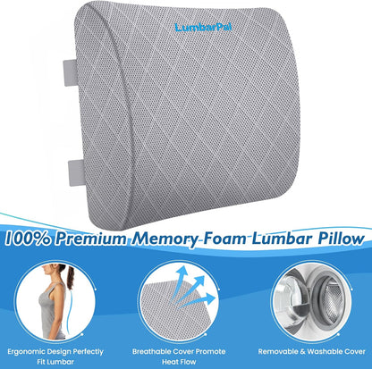Lumbar Support Pillow for Office Chair, Back Support, Memory Foam, Grey | Improve Sitting Posture & Back Pain Relief. Lumbar Pillow Fits Office, Gaming & Car Chairs with Adjustable Dual Straps