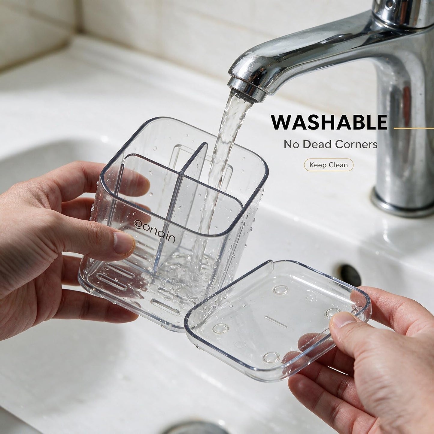 Toothbrush Holders for Bathroom - Detachable Divided Design, Drawer Drainage Tray, Adhesive Wall-Mounted/Countertop Dual-Use, Large Capacity Organizer for Bathroom/Kitchen/Office, Easy Install (Clear)