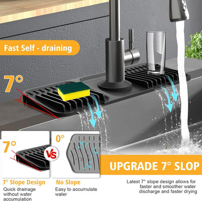 17.7-Inch Kitchen Sink Splash Guard Mat | 7° Slope for Fast Self-Draining | Snap-Lock Design | Universal & Cuttable Silicone Faucet Mat Gray