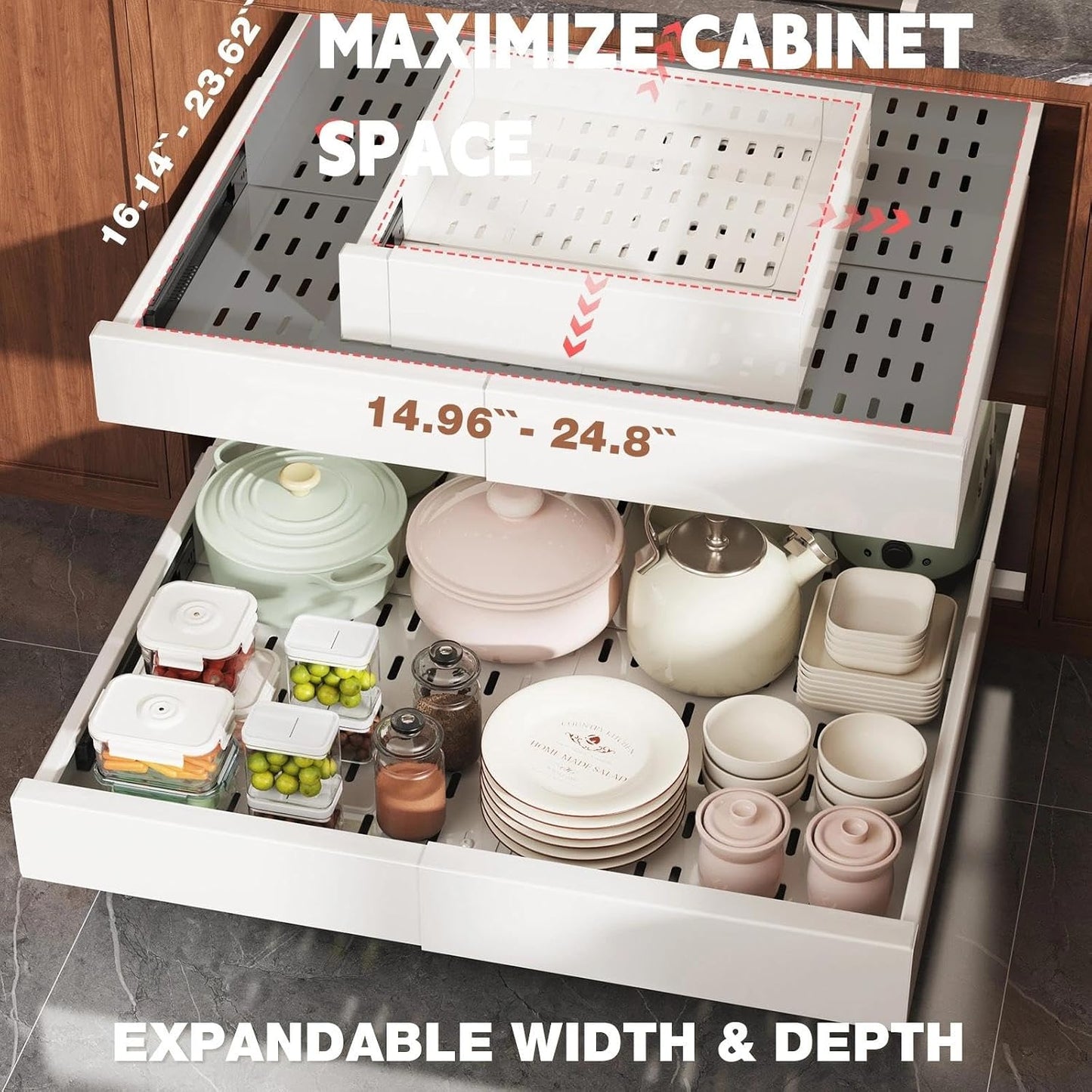 Seinloes Pull Out Cabinet Organizer,4-Side Expandable to Maximize Cabinet Space,Slide Out Drawers with 3 Rail Design,Roll Out Shelf with Raising Pad for Framed Cabinet,13"-21"W x 17"-24"D,White,2 Pack