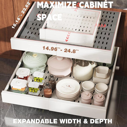 Seinloes Pull Out Cabinet Organizer,4-Side Expandable to Maximize Cabinet Space,Slide Out Drawers with 3 Rail Design,Roll Out Shelf with Raising Pad for Framed Cabinet,13"-21"W x 17"-24"D,White,2 Pack