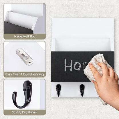 Key and Mail Holder for Wall Mount, Mail Holder with Chalkboard | Mail Organizer with 2 Slot, Key Holder with 3 Sturdy Hooks for Coat, Dog Leash, Decorative Key Rack (8.86”W x 11.42”H x 3”D)