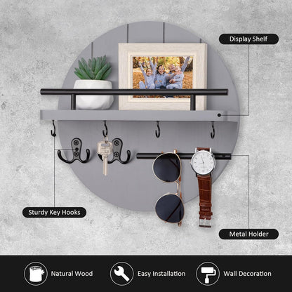 Nekon Key Holder Wall Mount, 11.8” Wood Mail Organizer for Wall, Brown | Round Wall Shelf with 6 Key Hooks, Rustic Key and Mail Holder, Key Hanger for Entryway Hallway Kitchen