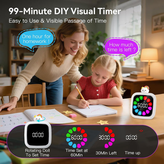 Yunbaoit Digital Visual Timer for Kids, 99-Minute Countdown, Rechargeable | 19 Music Alarm, Pause Function, 9 Optional DIY Color Planet Display, Robot Doll, for Study, Homeschool, Kitchen