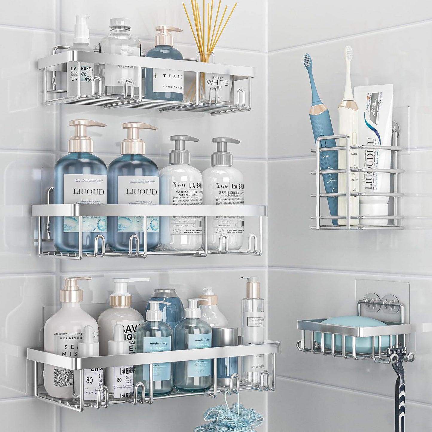 Liuoud 5 Pack Shower Caddy for Inside Shower, Gold Bathroom Storage Decor | Large Rustproof Stainless Steel Organizer with Strong Adhesive, No Drilling Wall Mounted Shelves, Bathroom Accessory Set