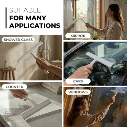 Silicone Shower Squeegee with 3-in-1 No-Drill Mount, Black, 9'' | Squeegee for Glass Doors & Mirrors with Stainless Steel Core, Streak-Free & No-Squeak Window Cleaning, Hook/Suction/Adhesive