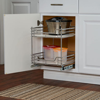 Household Essentials Glidez Multipurpose Chrome-Plated Steel Pull-Out/Slide-Out Storage Organizer for Cookware and Bakeware - 2-Tier Design - Fits Standard Size Cabinet or Shelf, Chrome