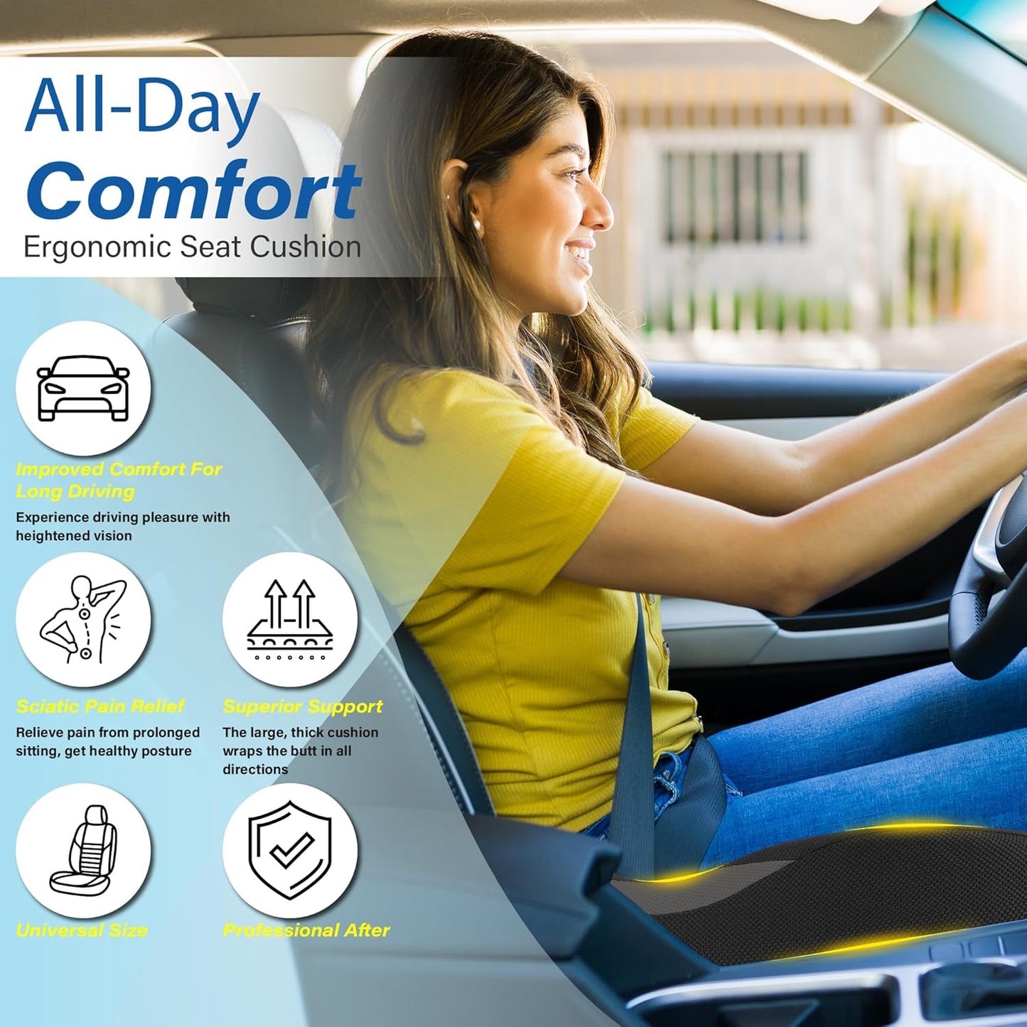 Allaboutsla Car Seat Cushion for Driving, Car Seat Pillow for Short Drivers | Ergonomic Memory Foam Seat Cushion for Pain Relief, Adult Booster Seat for Car, Butt Cushion for Car, Truck, Office, B&G