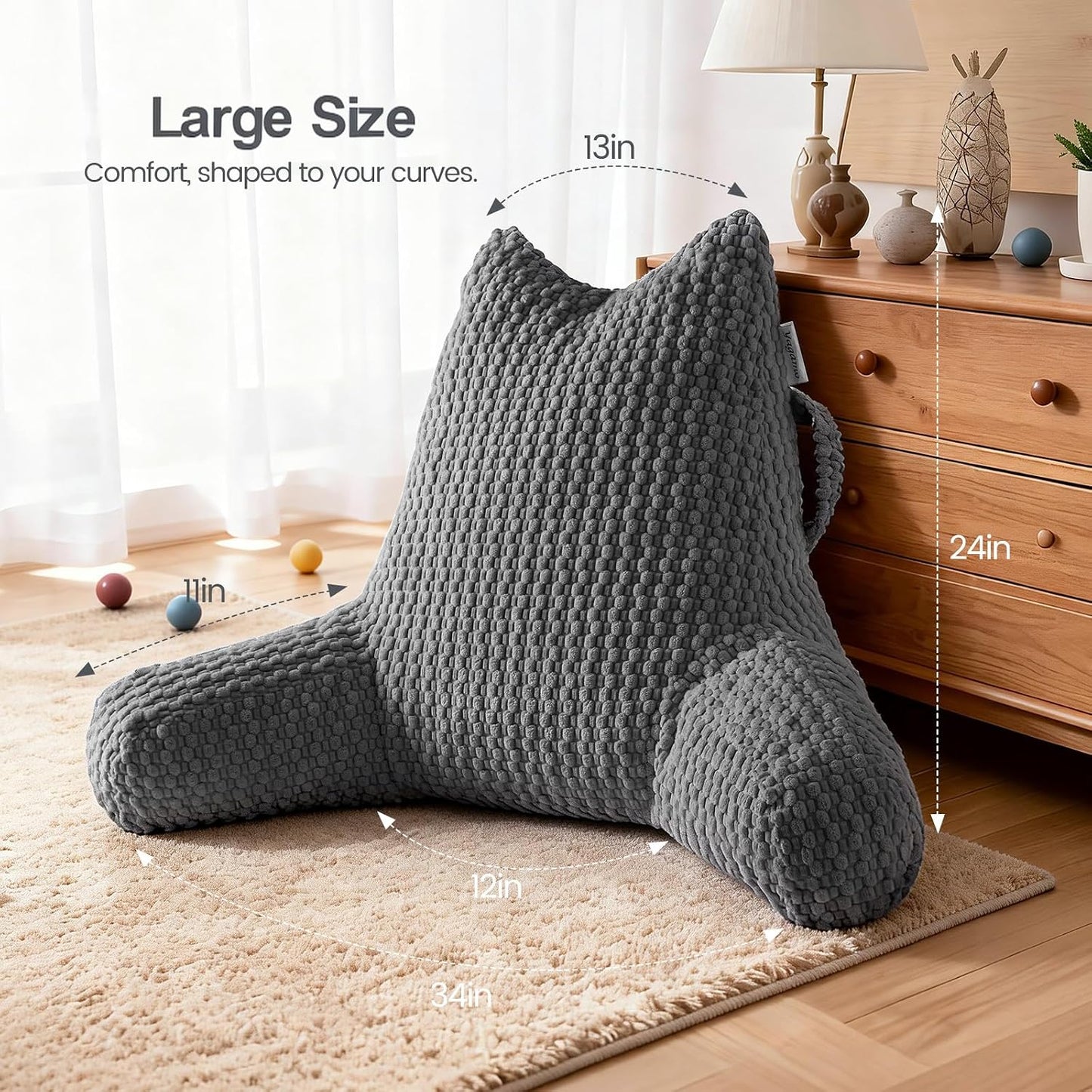 Standard Reading Pillow for Bed Sitting Up, Backrest Pillow with Shredded Memory Foam Filling, Back Support Cushion, Bed Rest Pillow with Arms, Pockets and Washable Cover-Grey