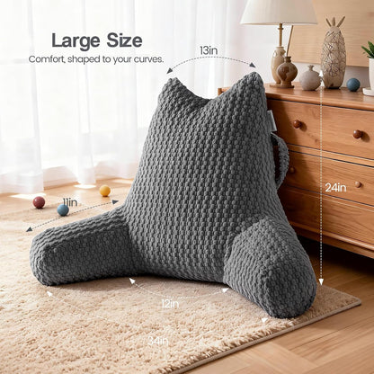 Standard Reading Pillow for Bed Sitting Up, Backrest Pillow with Shredded Memory Foam Filling, Back Support Cushion, Bed Rest Pillow with Arms, Pockets and Washable Cover-Grey