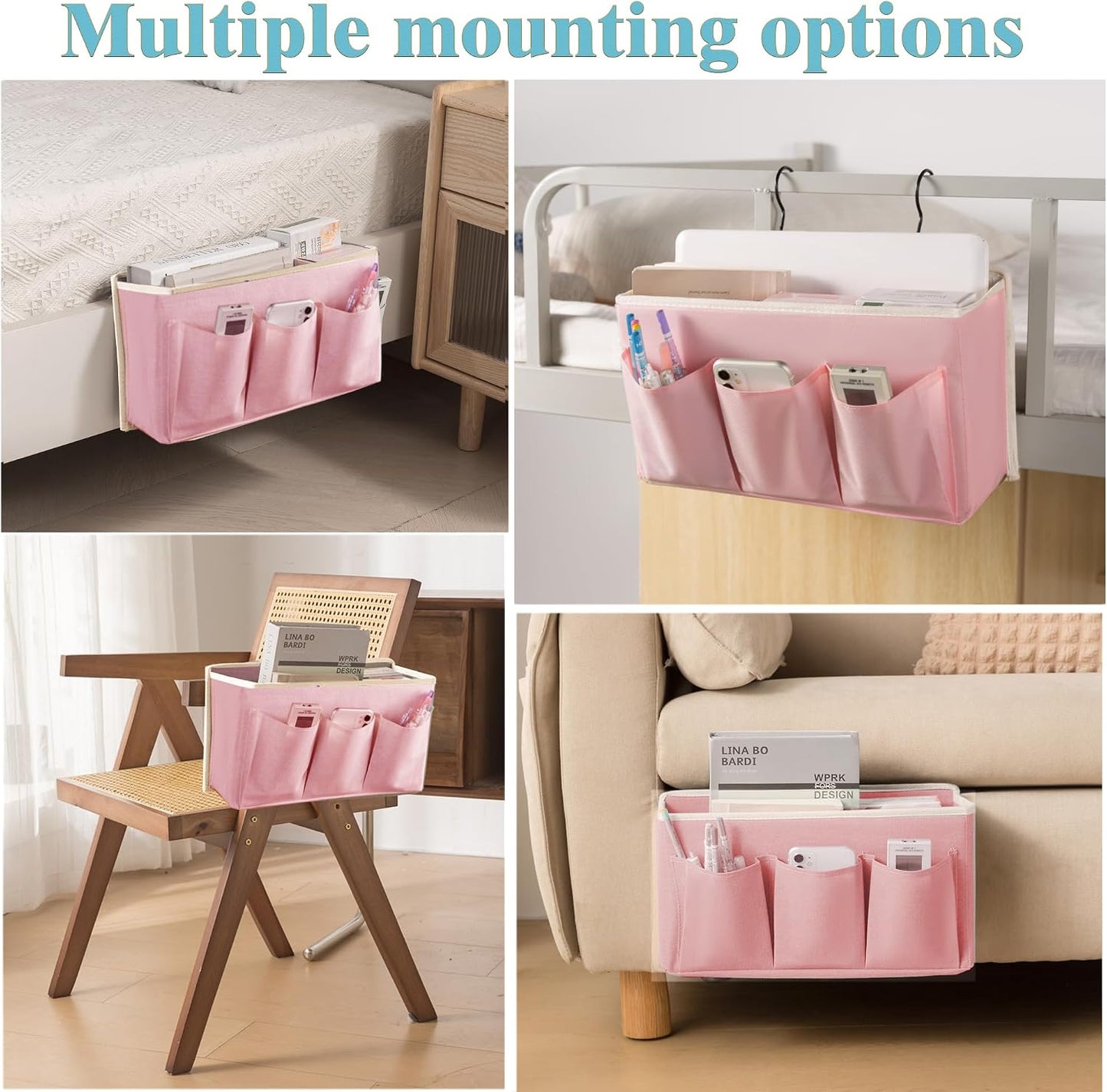 Bedside Caddy/Bedside Storage Organizer Hanging Bag with Three Options,Suitable for home beds, sofas, and dormitory beds—can hold magazines, books, phones, iPads, remote controls. (Gray)