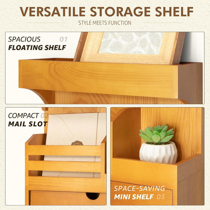 Rebee Vision Key Holder Wall Mount with Drawer Organizer for Entryway,Brown | Pine Wood, 6 Key Hooks, Display Shelf for Plants, Mail Slot for Storage Letter, Multi-Funtional Design, Home Storage