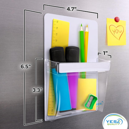 YES4QUALITY Magnetic Pen Holder for Refrigerator with Strong Magnetic Back, Dry Erase Marker Holder Ideal for Whiteboard & Fridge, Clear & White Pencil Cup