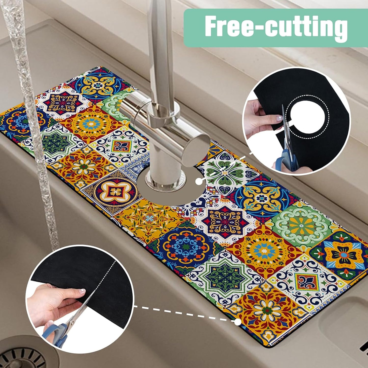 Kitchen Sink Splash Guard Faucet Mat 24" X 5.5" Tropical Leavesl Absorbent Fast Drying Mat Faucet Draining Mat Sink Splash Guard Behind Faucet Drip Catcher for Kitchen Bathroom