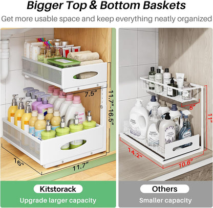 Under Sink Organizer, 2-Pack Pull Out Cabinet Organizer 2 Tier Metal Slide Out Storage Shelf Rack, L-Shaped Adjustable Height,Mesh Sliding Drawer for Kitchen, Bathroom, Laundry, Pantry, White, XL