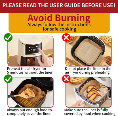 40GSM Air Fryer Liners, 6.5 Inch Air Fryer Liners Disposable, Unbleached Paper For 3-5Qt, Raw Wood Pulp, Double-Sided Silicone, For Health-Conscious Cooks & Busy Families, Square 100pcs