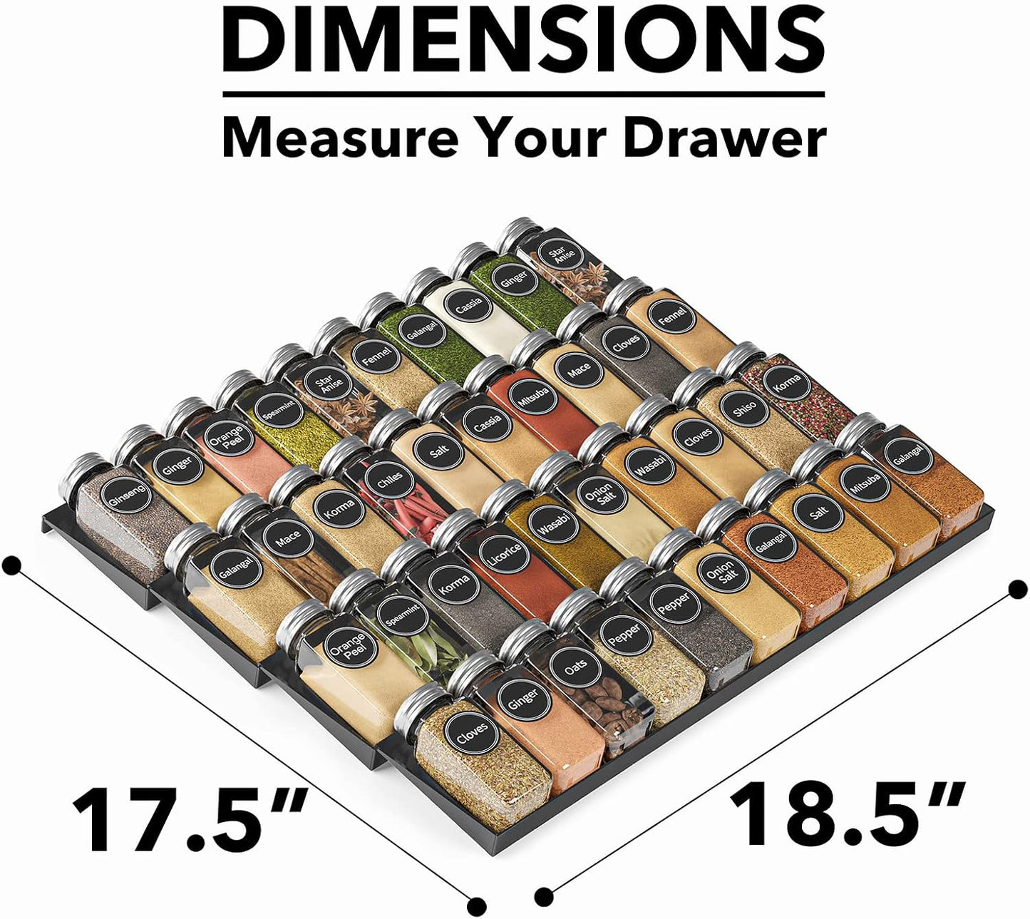 SpaceAid Spice Drawer Organizer with 28 Spice Jars, 386 Spice Labels, 4 Tier Seasoning Rack Tray Insert for Kitchen Drawers, 13" Wide x 17.5" Deep