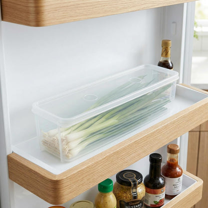 DECHOUS Long Plastic Food Storage Container with Lid for Scallions, Cilantro, Green Onions - Stackable, Airtight Clear Rectangular Food Container for Kitchen Fridge, 12x3.14x3 Inch