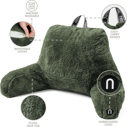 Nestl Fur Reading Pillow with Shredded Memory Foam, Stylish Back Pillow for Bed Sitting Up, Faux Fur Reading Pillows for Sitting in Bed Adult & Kids, Sit Up Back Support Pillow with Arms - Dark Grey