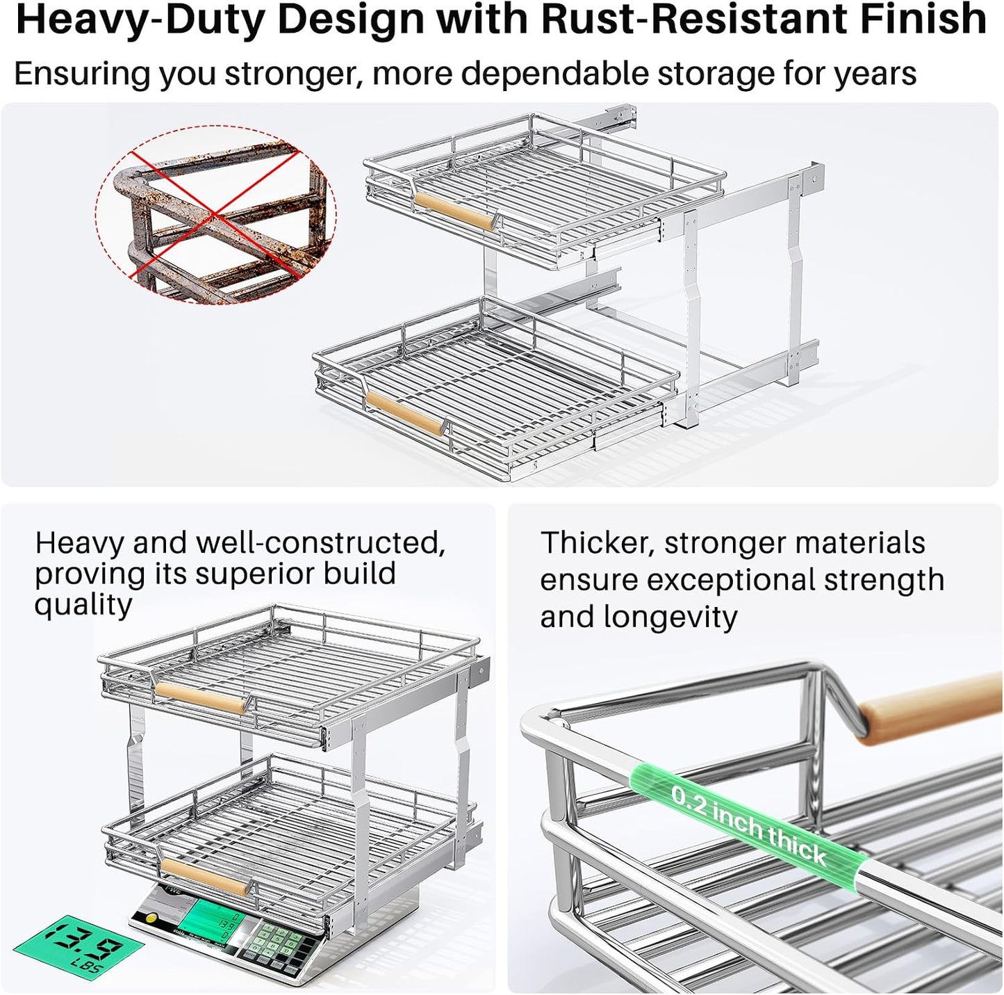 Pull out Cabinet Organizer, 15"W X 21"D, Heavy Duty Smooth Sliding Under Cabinet Shelves for Pots and Pans, Full-Extension Roll out Drawers, Slide out Organization for Home Kitchen Pantry