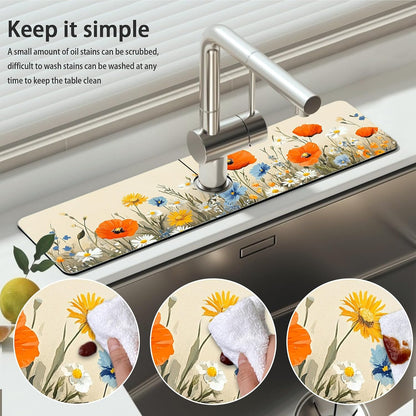 Bimkole 2 PCS Faucet Absorbent Mat, Kitchen Faucet Sink Splash Guard Wraparound Cloth Pads Drip Catcher for Sink Faucet for Kitchen Bathroom Faucet, Colorful Faucet Mat, 15 x 4 Inch Flower A6