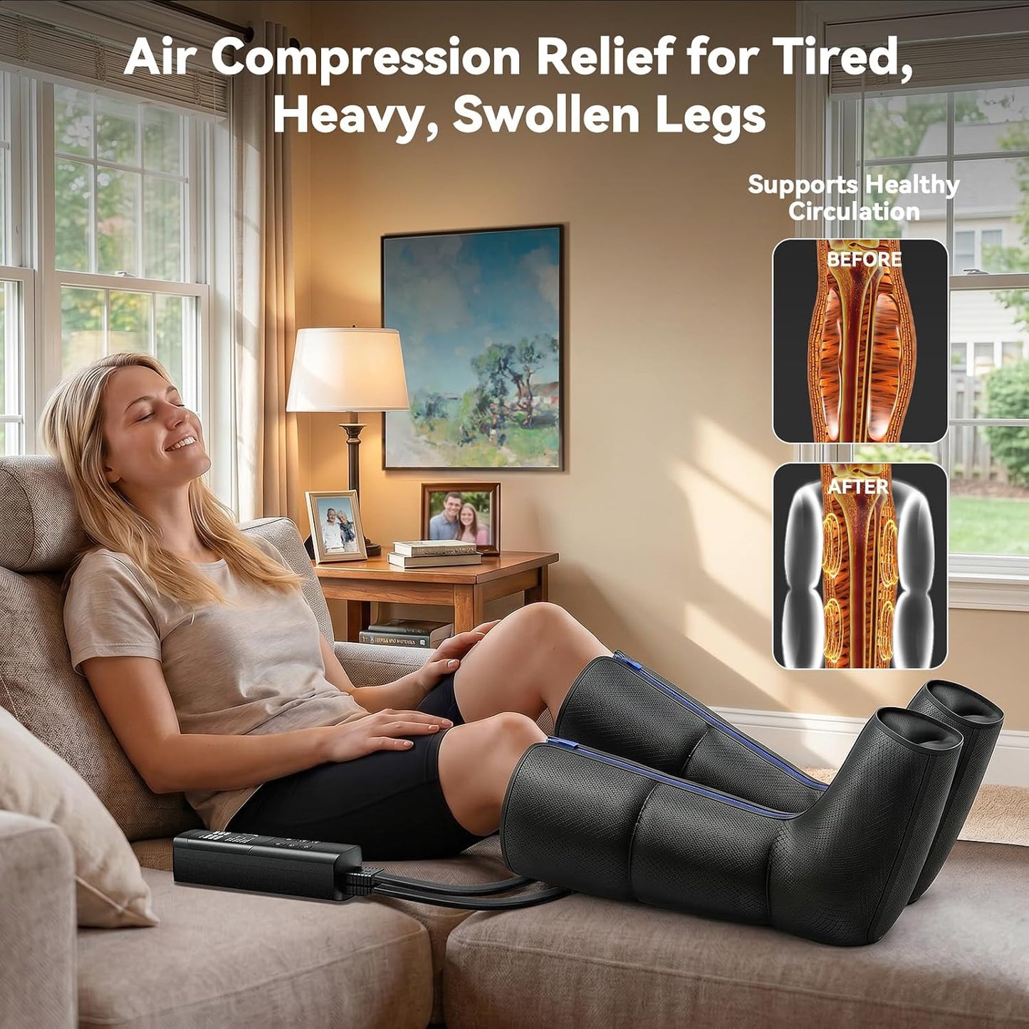 Calf & Leg Air Compression Massager with Heat for Circulation, Charcoal‌ Black