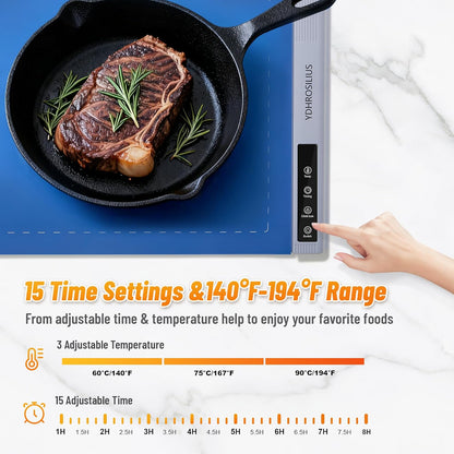 Warming Mat for Food,Food Warming Mat,1 Pack Electric Food Warmer Mat with Graphene Heating Tech, 3 Temperature Settings & 15 Timer Modes, Child Safety Lock, Silicone Heating Pad for Buffets Party