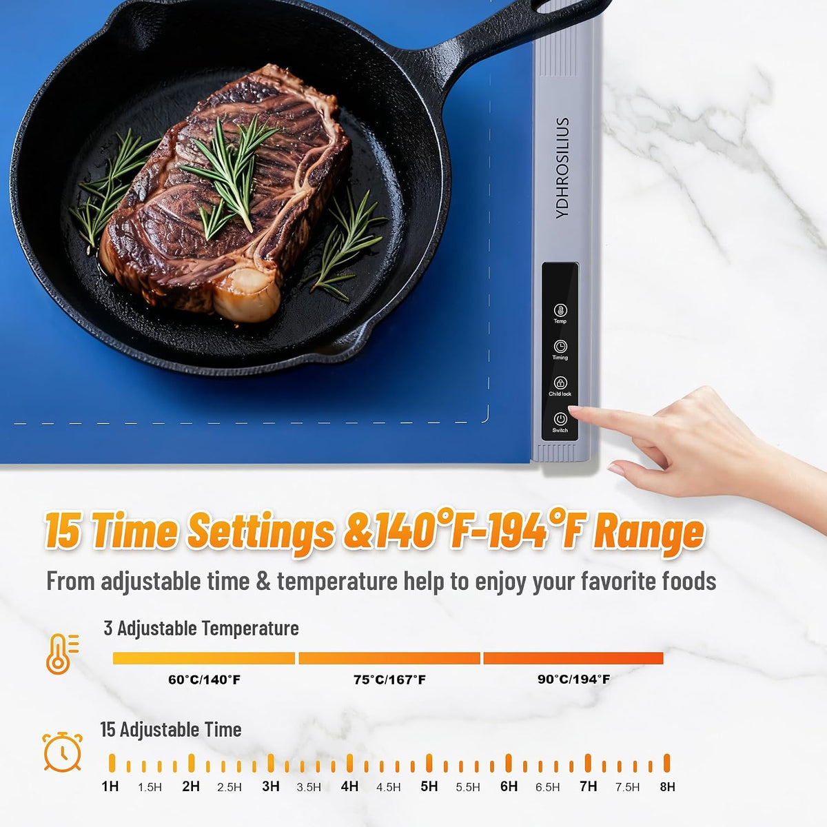 Warming Mat for Food,Food Warming Mat,1 Pack Electric Food Warmer Mat with Graphene Heating Tech, 3 Temperature Settings & 15 Timer Modes, Child Safety Lock, Silicone Heating Pad for Buffets Party