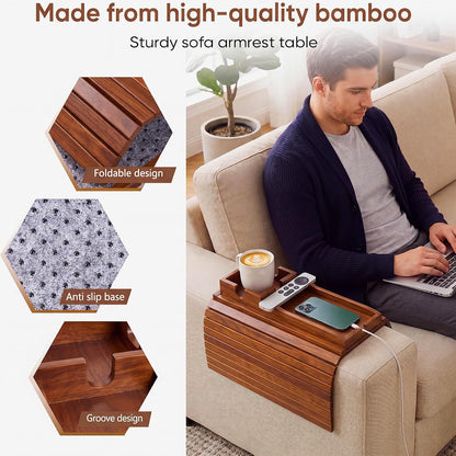 Bamboo Couch Arm Tray Table with Built-in Cup Holder, Foldable Anti-Slip Sofa Armrest Table for Drinks, Phone & Remote, Fits 4.7–16.9 in Armrests, Holds Cups up to 3.5 in Diameter (Bamboo)
