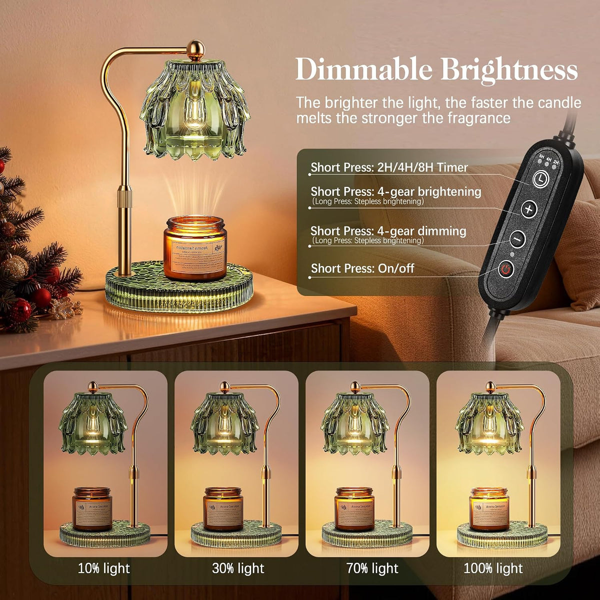 Candle Warmer Lamp with Timer Dimmer, Modern Wax Warmer for Scented Wax Jar Candle Warmer with 2 Bulbs, Adjustable Height Glass Lamp for Gifts for Women, Home Decor, Gold Amber