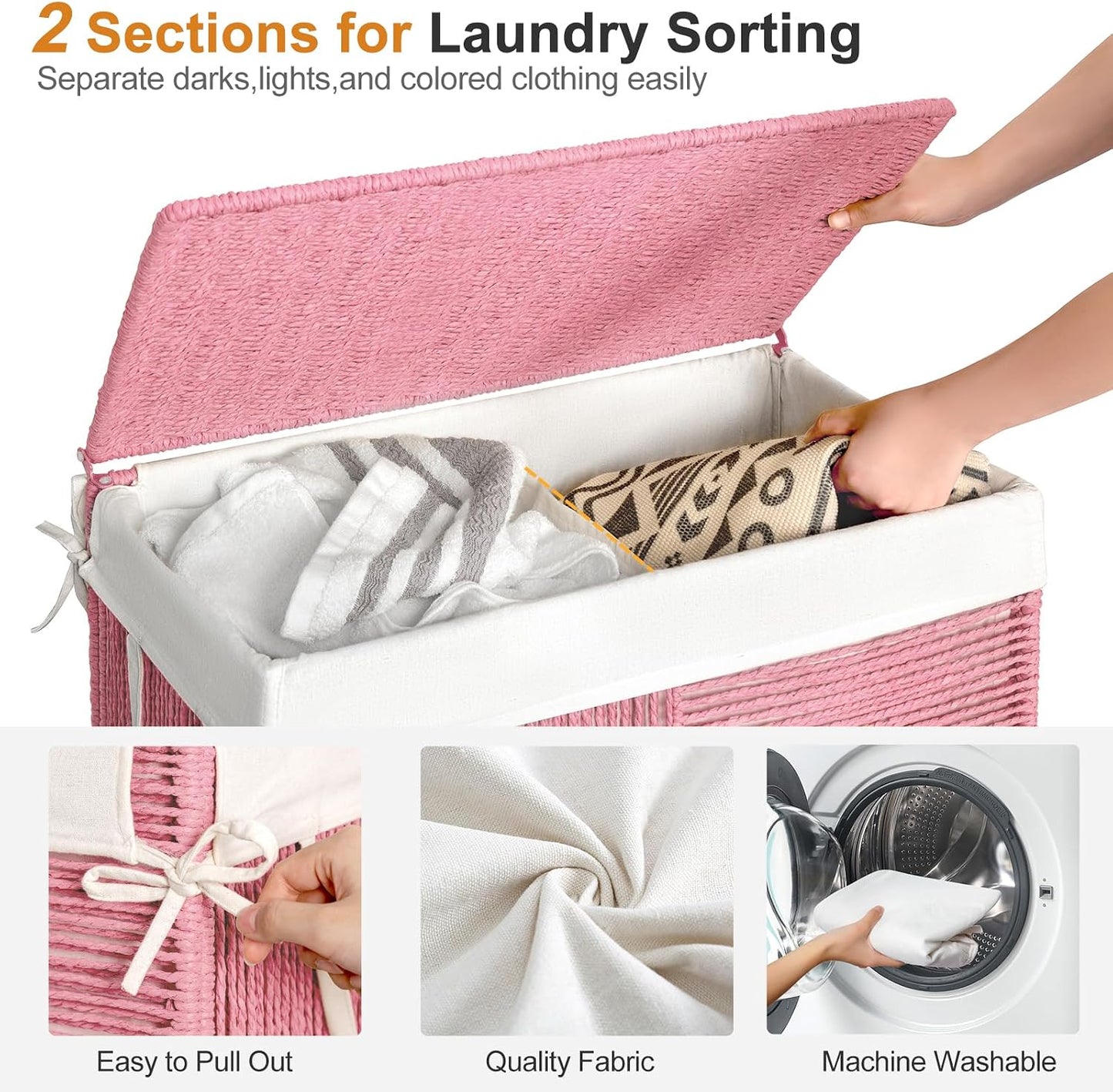 WOWLIVE Double Laundry Hamper with Wheels, Handwoven Rolling Laundry Basket | 115L Dirty Clothes Hamper with Lid, Removable Liner Bag, Large Capacity Laundry Sorter Laundry Room Organization, Green