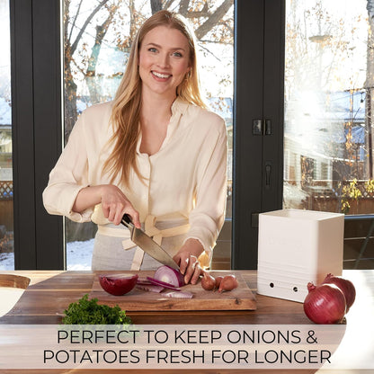 Beautiful Potato and Onion Storage Container Set - Food Safe Metal Bins | Spacious 10.1" and 8.9" Canisters for Your Kitchen Counter or Pantry - Keeps Produce Fresh Longer