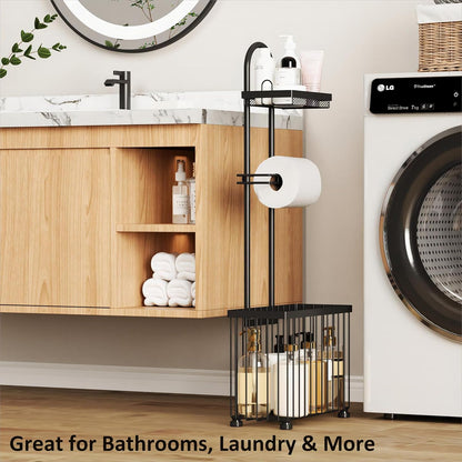 Freestanding Toilet Paper Holder Toilet Tissue Rack Scroll Stand Roll Dispenser with Storage Shelf Reserve for Phone Tablet Magazine Bathroom Organizer Bath Tissue Organizer (Silver)