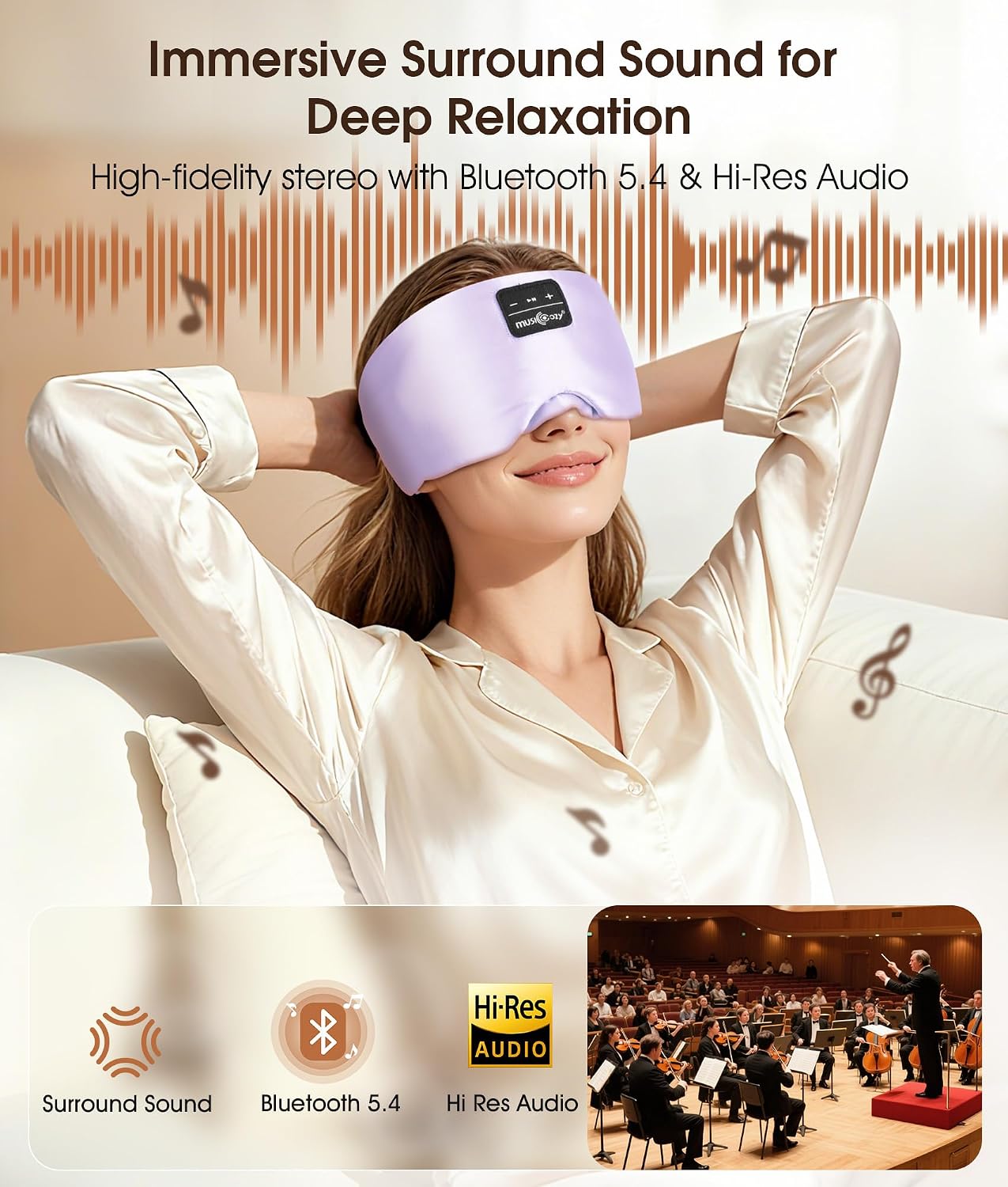MUSICOZY 3D Mulberry Silk Sleep Mask Bluetooth 5.4 Headphones Full Coverage | Luxury Silk Eye Mask with Blackout Design Ultra Thin Speakers, Side Sleeper Comfort for Travel Relaxation Gifts for Men Women