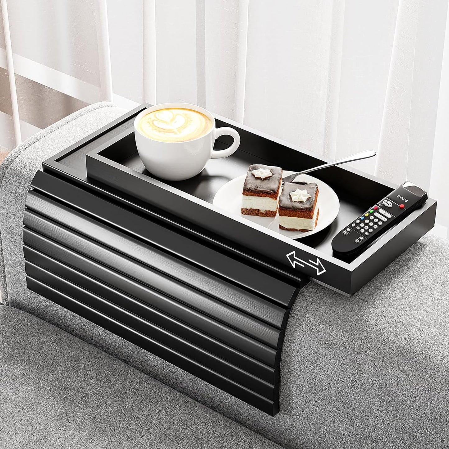 Bestjing Bamboo Sofa Armrest Tray - Couch Arm Tray with Detachable Couch Cup Holder - 2 in 1 Anti-Slip Foldable Sofa Armchair Caddy Table for Drinks Cellphone TV Remote Snacks
