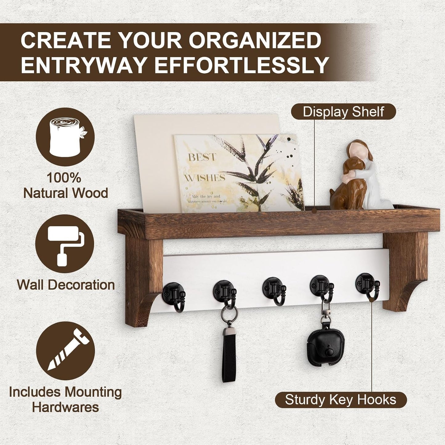 Key and Mail Holder Wall Mount, Mail Organizer with 5 Key Hooks | Key Holder with Shelf, Key Holder for Coat, Dog Leash, Home Decor Rack, Entry Way Organizer