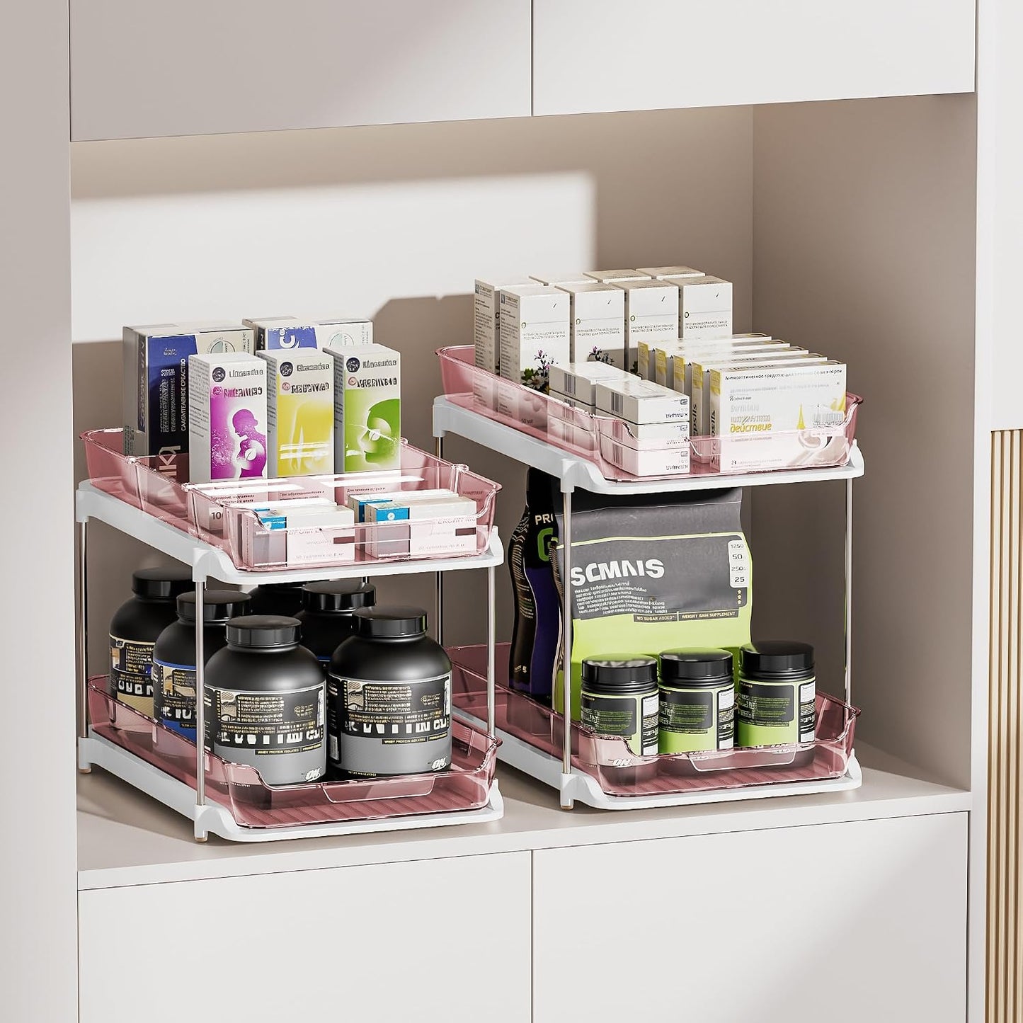 Delamu 2-Tier Multi-Purpose Bathroom Under Sink Organizers and Storage, Stackable Kitchen Pantry Organization, Pull Out Medicine Cabinet Organizer with Movable Dividers, White, 2 Pack