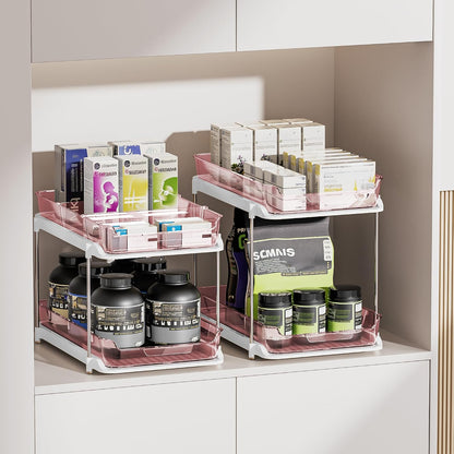 Delamu 2-Tier Multi-Purpose Bathroom Under Sink Organizers and Storage, Stackable Kitchen Pantry Organization, Pull Out Medicine Cabinet Organizer with Movable Dividers, White, 2 Pack