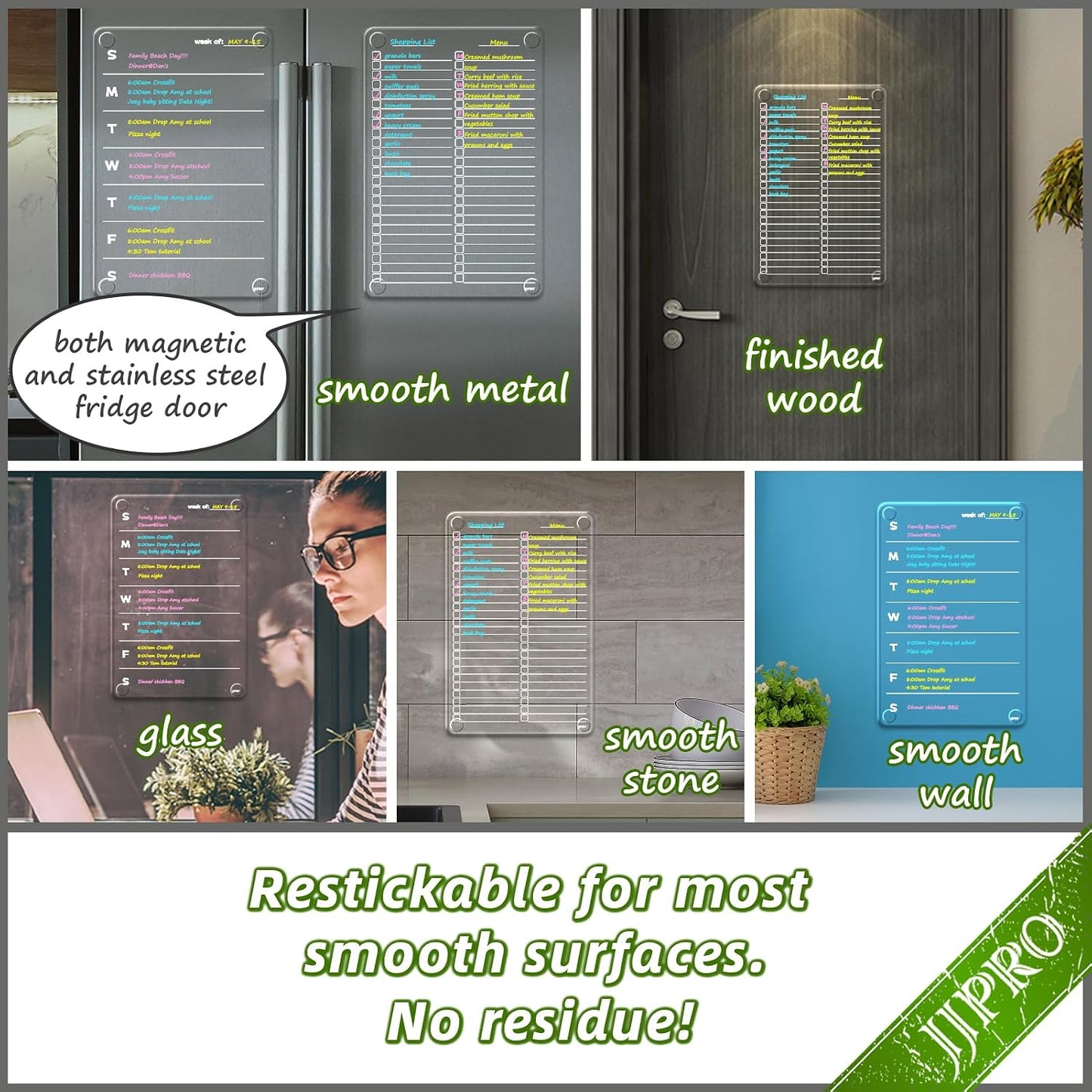 JJPRO Non-Magnetic Dry Erase Calendar for Fridge, Monthly Calendar, Weekly Planning Board Bundle for All Smooth Surfaces. Clear Reusable Calendar Stick to Fridge,Cabinet,Door&Glass
