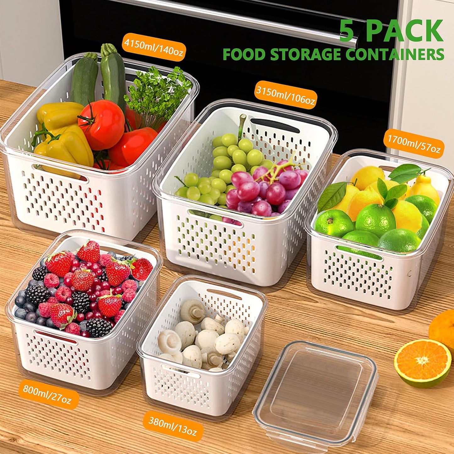 5 PCS Fruit Storage Containers for Fridge, Leakproof Food Storage Containers with Removable Colander, Dishwasher & Microwave Safe, Produce Saver Container Keep Berry Fruit Vegetable Fresh Longer