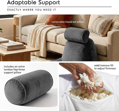 Nestl Reading Pillow with Shredded Memory Foam, Designed for Sitting Up in Bed and Couch, Back and Arms Adjustable Support for Adult & Teens Backrest Pillows for Reading, with Washable Cover Dark Grey