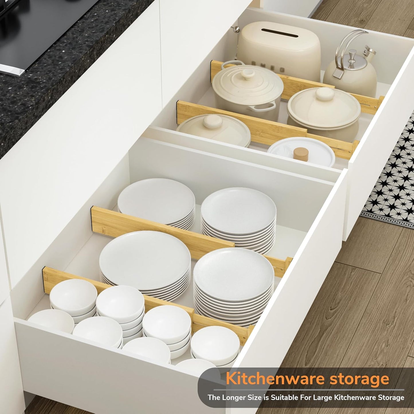 BAMEOS Bamboo Expandable Drawer Dividers – Fits 16.6"–22" Drawers, 2" High, Set of 4 | Spring-Loaded Bamboo Separator for Kitchen Island, Bathroom Vanity & Dresser Drawers