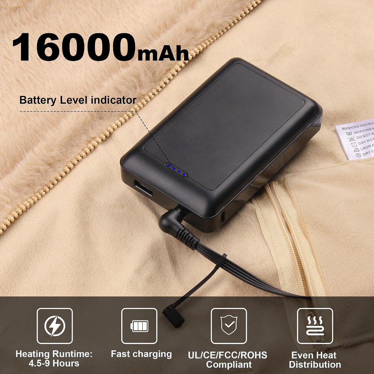 Heated Blanket Battery Operated with Fleece Lining 7.4V 16000mAh Battery 62" x 35" Heated Shawl Wraps for Women Men Cordless USB Outdoor Portable Electric Blanket 6 Heating Zones Khaki
