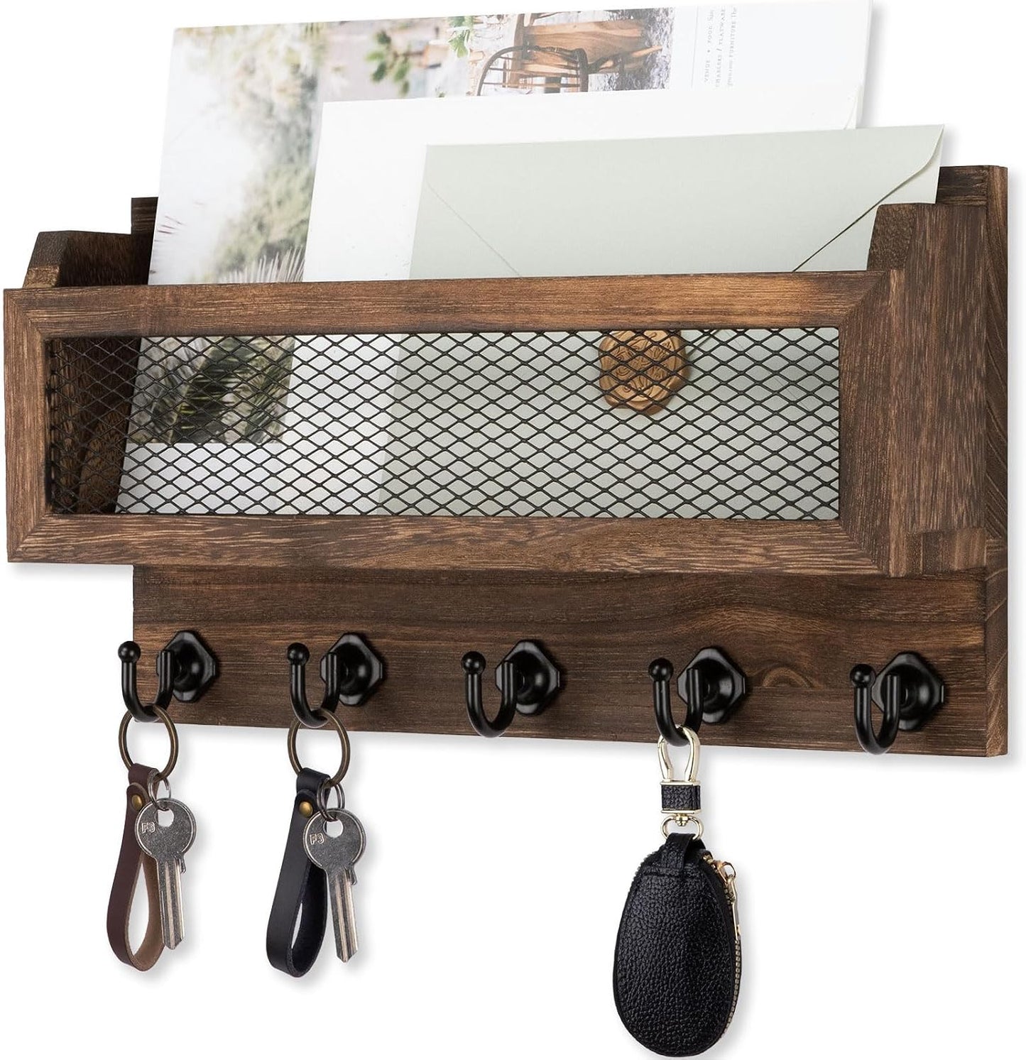 Nekon Mail and Key Holder for Wall Decorative, 11 Inch Mail Holder, Brown | Wooden Wall Key Organizer with 5 Key Hooks, Wall Mount Storage Shelf for Entryway Hallway