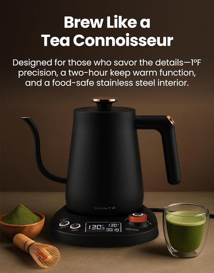 Viante Alba Electric Tea Kettle With Infuser, No Plastic, 1.5L | Borosilicate glass & 304 stainless steel construction. 4 temp presets, keep-warm, cordless, auto shut-off