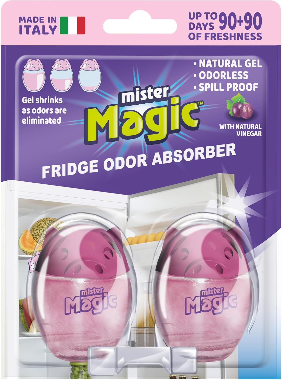 Mister Magic Refrigerator Odor Absorber – Natural Lemon Formula Gel, Odorless Fridge Deodorizer, Neutralizes Food Odors, Lasts Up to 90 Days, Safe for Food, Kitchen Supplies (1 Pack, Contains 2 Units)